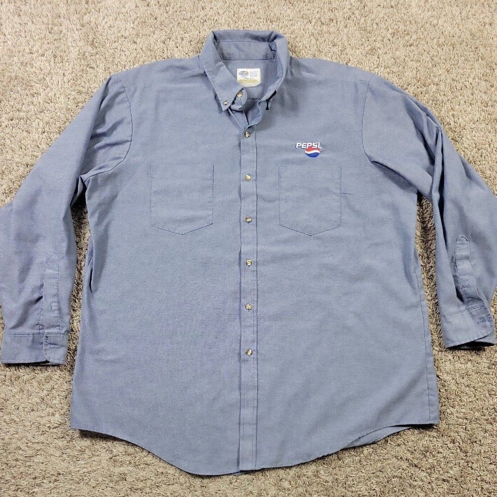 Vintage Pepsi Work Shirt Mens 18.5 XL-2XL Blue Long Sleeve Button Up Riverside